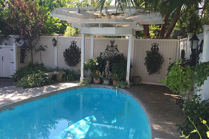 Pergola at the end of a swimming pool provides a structure for plants